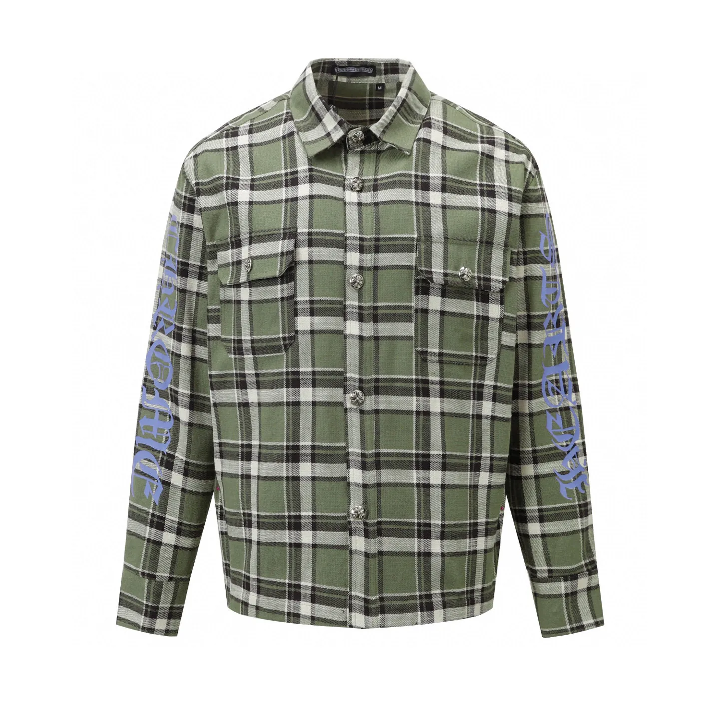 🅿️380 ch|24fw Crow Heart New Striped Plaid Splicing Silver Button Cardigan Shirt Process description: The fabric is made of custom-woven and custom-dyed wool blended fabric. The fabric contains wool components and has a very good texture. All the plaids are counter-position stitching. Every size and every plaid splicing is counter-position. It not only consumes fabric but also takes time. The details are very delicate. The sleeve logo printing uses special pulping. The characteristic of the printing process is the use of high-performance glue for printing, which creates a sense of layering on the printed pattern. The accessories of the new yb mold are used. Buttons and pocket silver jewelry are custom-developed using silver-plated foti materials. The cuffs are made with buttons and snaps that are consistent with yb and are designed with loose fit. The oversized version is truly restored. Color: blue/green/red. Size: S-XL.